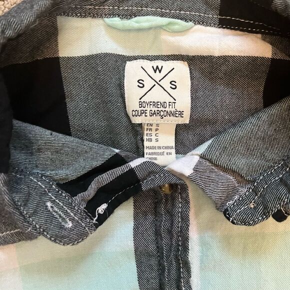 Mint Plaid Casual Cotton Button Up Long Sleeve Top S - Picture 8 of 9